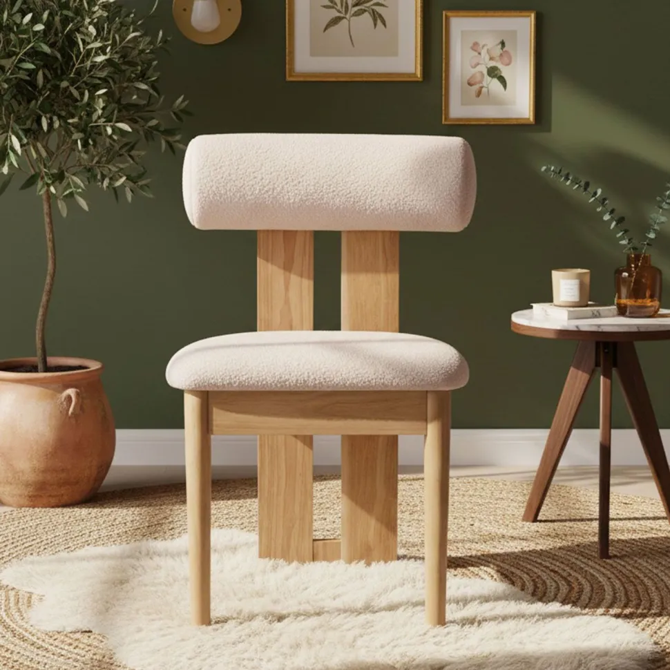 Chaise de salle à manger style intemporel Tuboli Bois clair et Tissu bouclette Beige