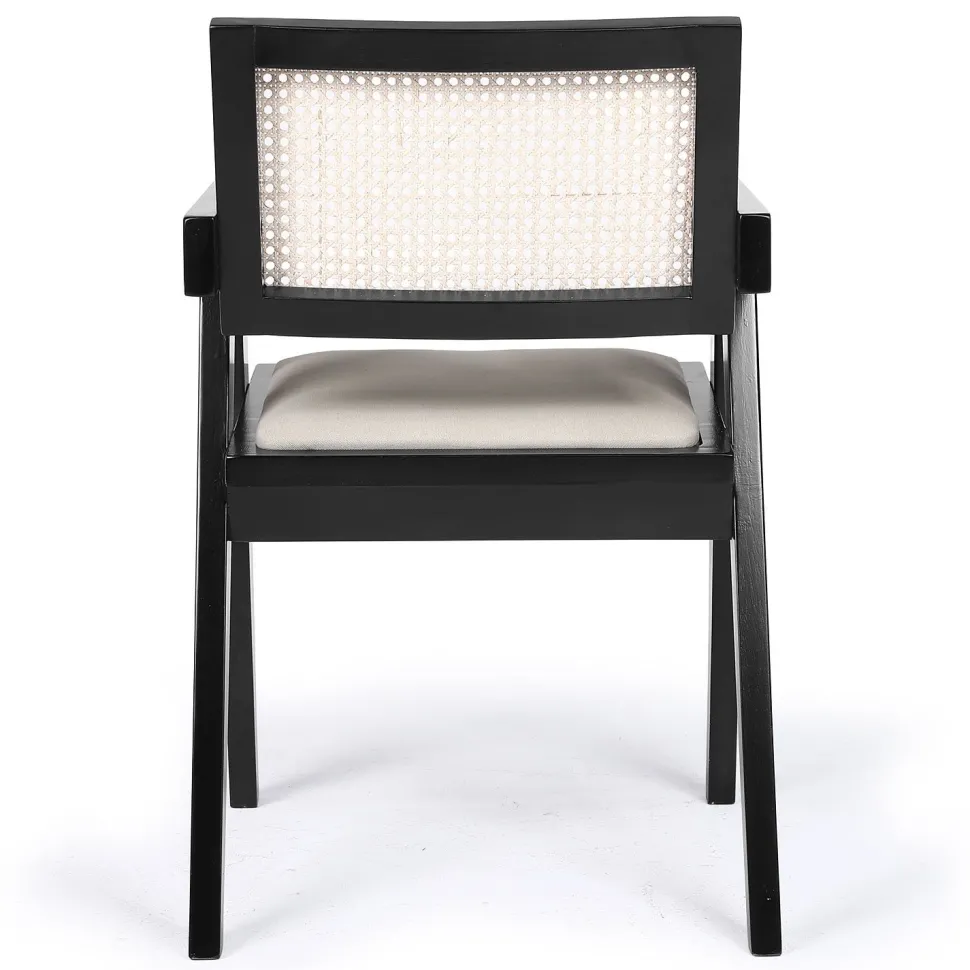Chaise design avec accoudoirs et cannage rotin Hiro Bois foncé et Tissu Beige