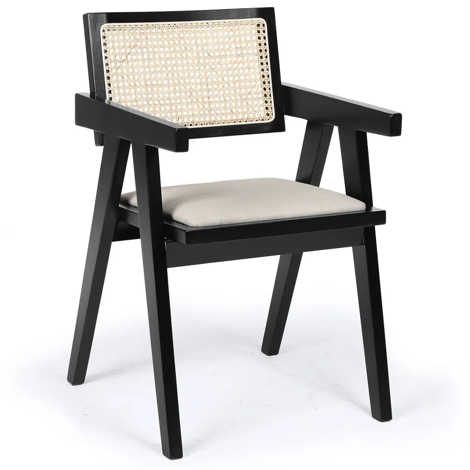 Chaise design avec accoudoirs et cannage rotin Hiro Bois foncé et Tissu Beige