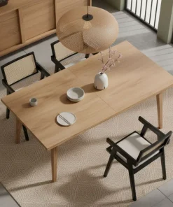 Chaise design avec accoudoirs et cannage rotin Hiro Bois foncé et Tissu Beige