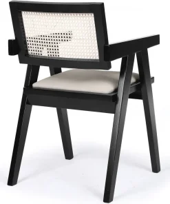 Chaise design avec accoudoirs et cannage rotin Hiro Bois foncé et Tissu Beige