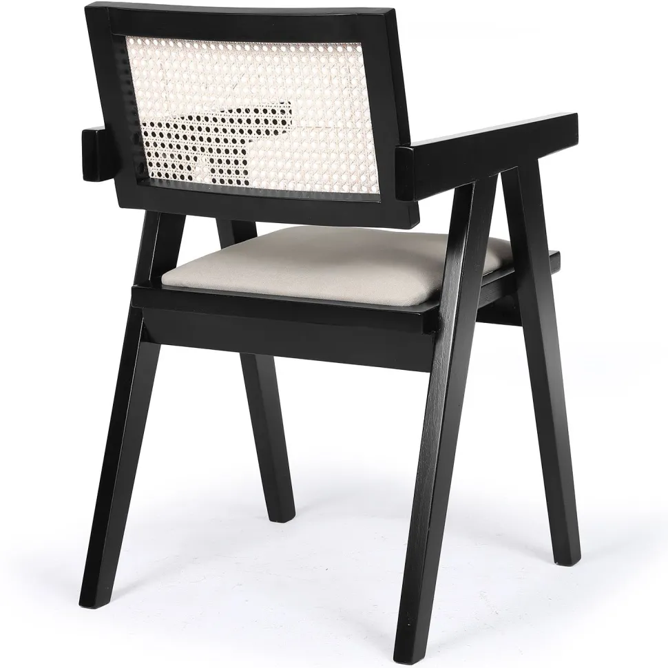 Chaise design avec accoudoirs et cannage rotin Hiro Bois foncé et Tissu Beige