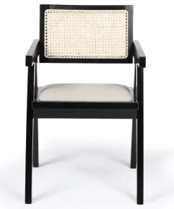 Chaise design avec accoudoirs et cannage rotin Hiro Bois foncé et Tissu Beige