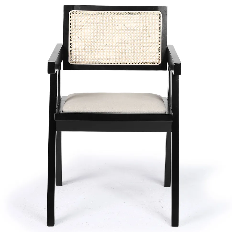 Chaise design avec accoudoirs et cannage rotin Hiro Bois foncé et Tissu Beige