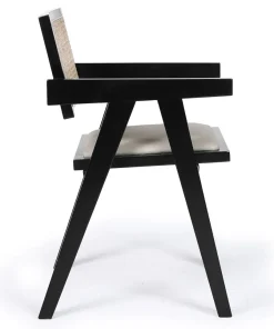 Chaise design avec accoudoirs et cannage rotin Hiro Bois foncé et Tissu Beige
