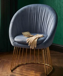 Chaise design avec dossier arrondi effet drapé Pralion Pied Or et Velours Gris
