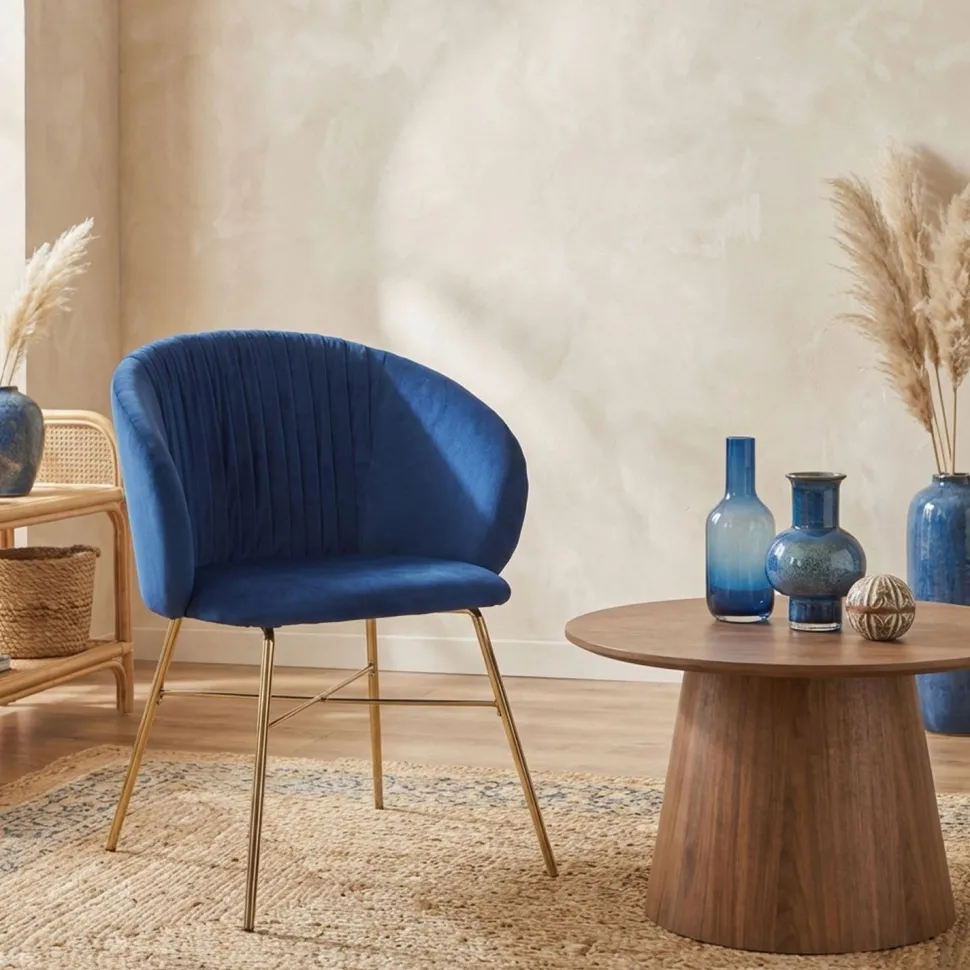 Chaise Smart Velours Bleu Pieds Or