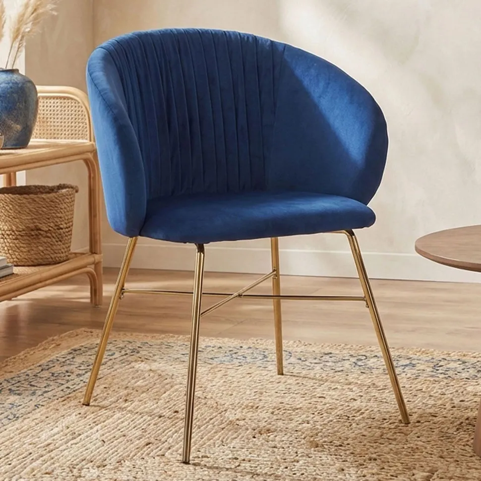 Chaise Smart Velours Bleu Pieds Or
