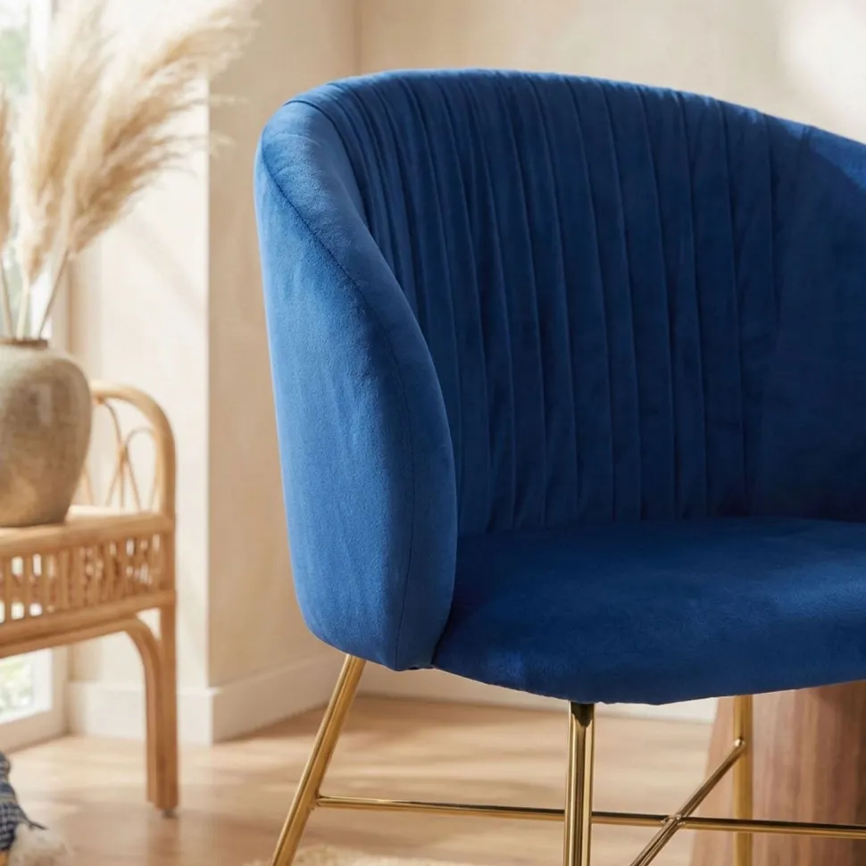 Chaise Smart Velours Bleu Pieds Or