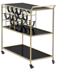 Chariot de service en métal doré 3 étagères en verre miroir porte-bouteilles Noir