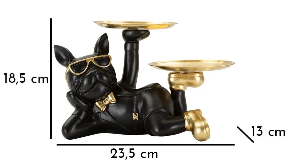 Chien décoratif avec plateau doré en polyrésine et métal Noir