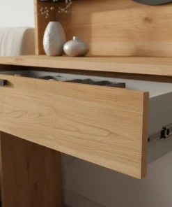 Coiffeuse à tiroir L100cm avec étagères et miroir rond Onara Bois et Gris