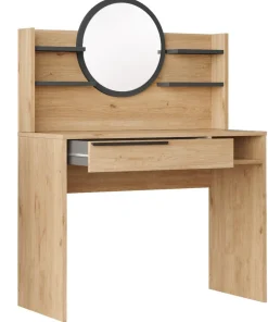 Coiffeuse à tiroir L100cm avec étagères et miroir rond Onara Bois et Gris