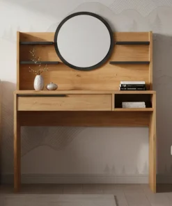 Coiffeuse à tiroir L100cm avec étagères et miroir rond Onara Bois et Gris