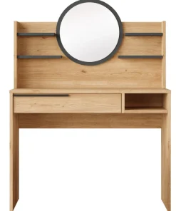 Coiffeuse à tiroir L100cm avec étagères et miroir rond Onara Bois et Gris