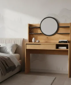 Coiffeuse à tiroir L100cm avec étagères et miroir rond Onara Bois et Gris