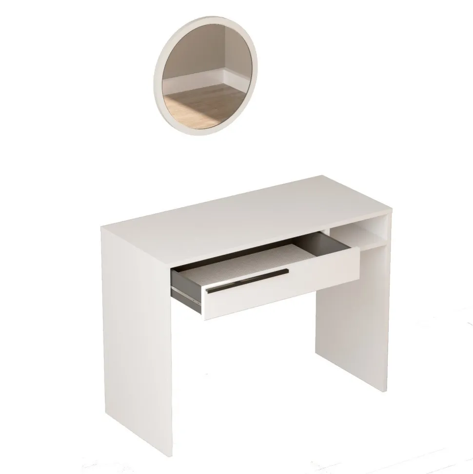 Coiffeuse à tiroir L100cm avec miroir rond Onara Blanc