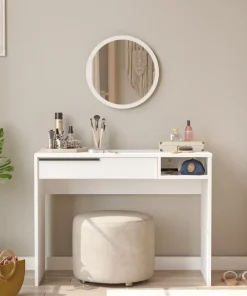 Coiffeuse à tiroir L100cm avec miroir rond Onara Blanc