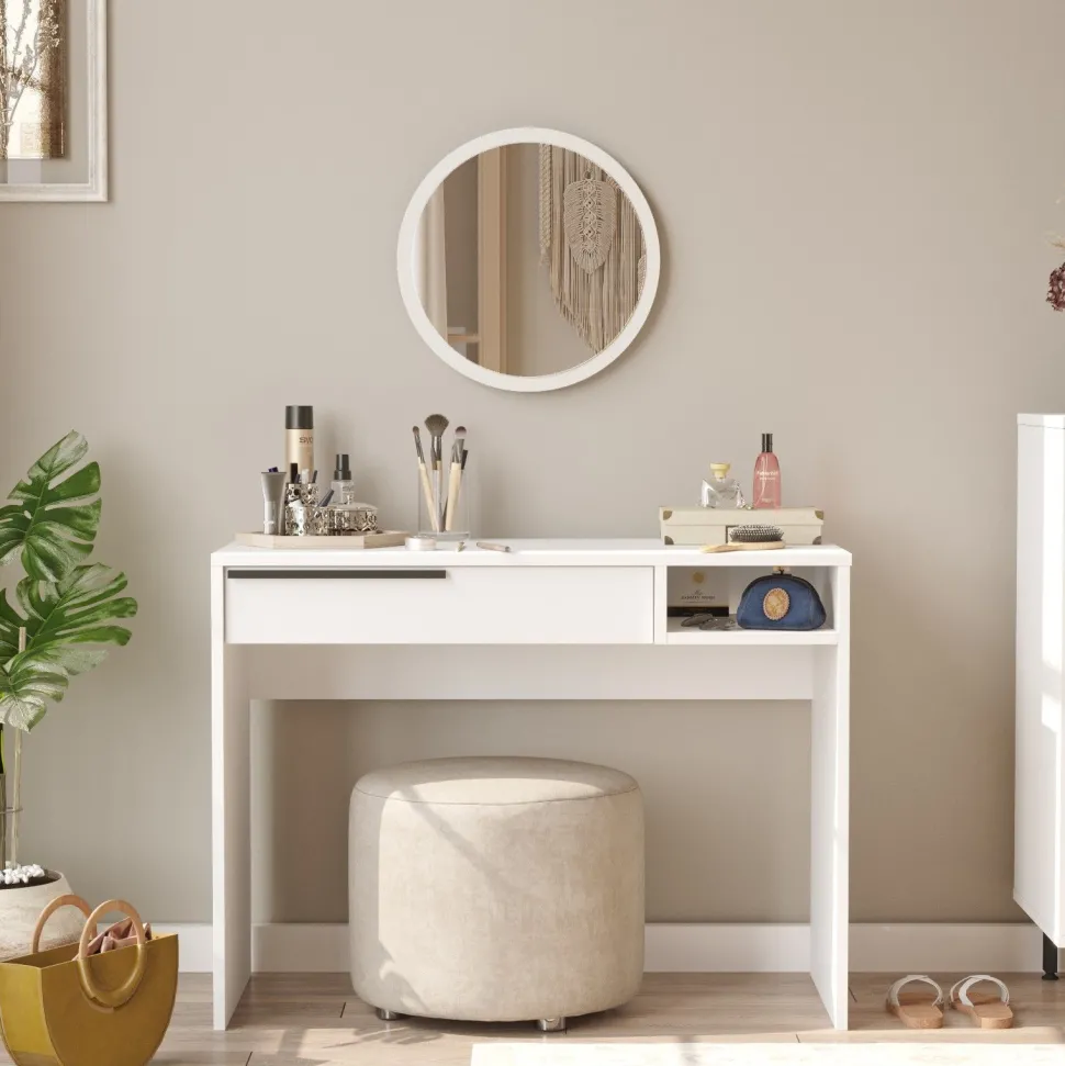 Coiffeuse à tiroir L100cm avec miroir rond Onara Blanc