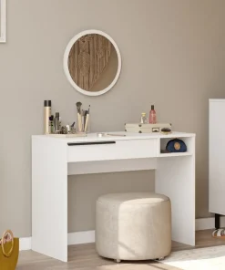 Coiffeuse à tiroir L100cm avec miroir rond Onara Blanc