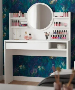 Coiffeuse à tiroir L100cm avec étagères et miroir rond Onara Blanc