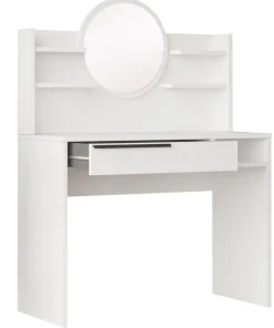 Coiffeuse à tiroir L100cm avec étagères et miroir rond Onara Blanc