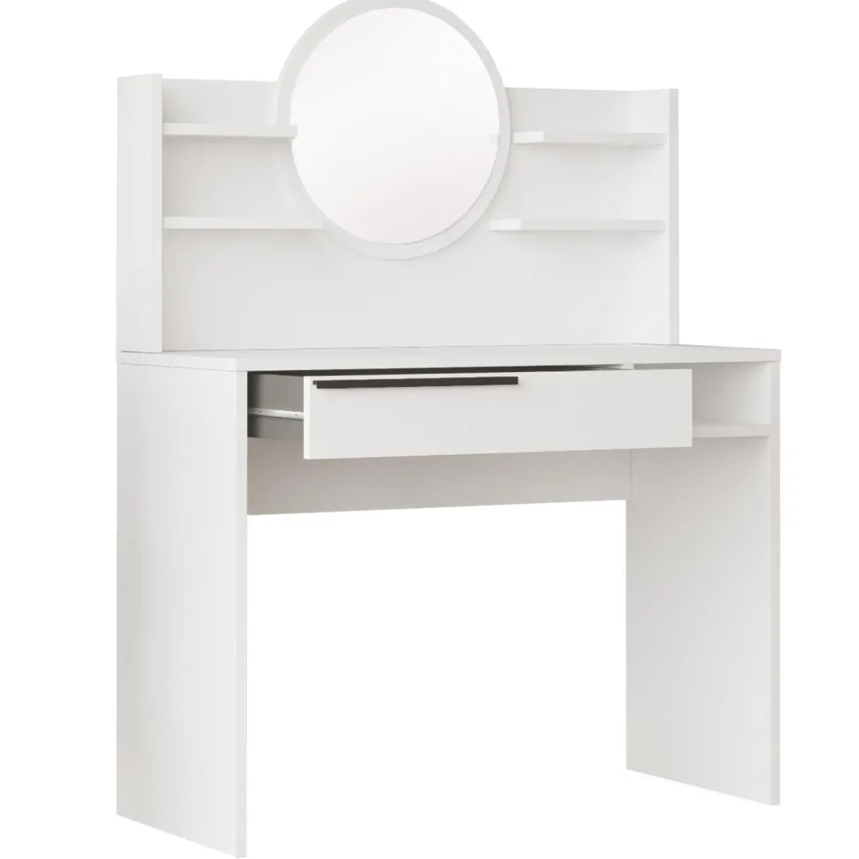 Coiffeuse à tiroir L100cm avec étagères et miroir rond Onara Blanc