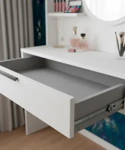 Coiffeuse à tiroir L100cm avec étagères et miroir rond Onara Blanc