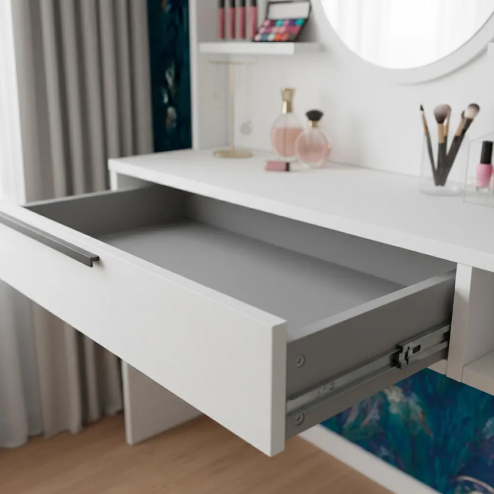 Coiffeuse à tiroir L100cm avec étagères et miroir rond Onara Blanc