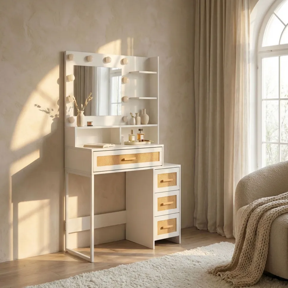 Coiffeuse 4 tiroirs et miroir LED 3 couleurs Miraclas L92cm Bois Blanc et Rotin