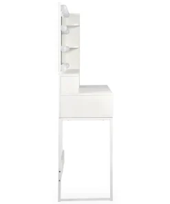 Coiffeuse 4 tiroirs et miroir LED 3 couleurs Miraclas L92cm Bois Blanc et Rotin