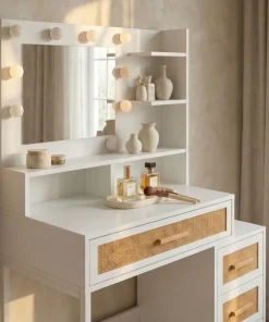 Coiffeuse 4 tiroirs et miroir LED 3 couleurs Miraclas L92cm Bois Blanc et Rotin