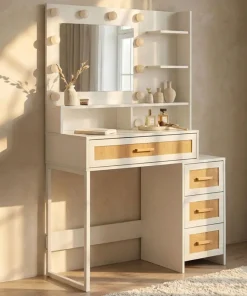 Coiffeuse 4 tiroirs et miroir LED 3 couleurs Miraclas L92cm Bois Blanc et Rotin