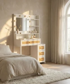 Coiffeuse 4 tiroirs et miroir LED 3 couleurs Miraclas L92cm Bois Blanc et Rotin