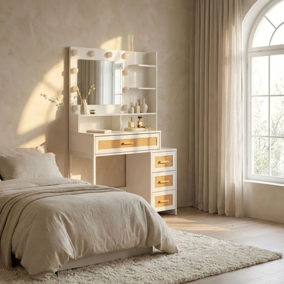 Coiffeuse 4 tiroirs et miroir LED 3 couleurs Miraclas L92cm Bois Blanc et Rotin