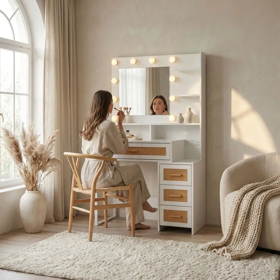 Coiffeuse 4 tiroirs et miroir LED 3 couleurs Miraclas L92cm Bois Blanc et Rotin