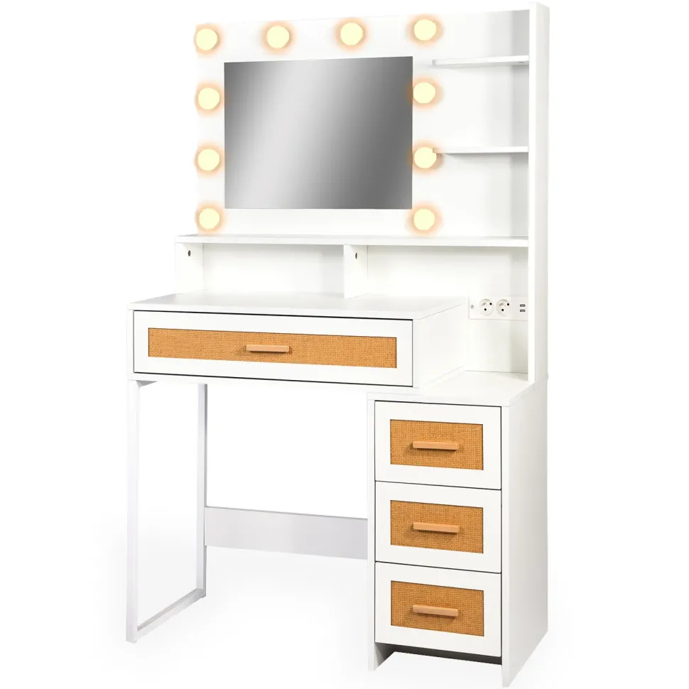 Coiffeuse 4 tiroirs et miroir LED 3 couleurs Miraclas L92cm Bois Blanc et Rotin