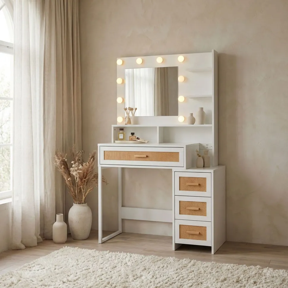Coiffeuse 4 tiroirs et miroir LED 3 couleurs Miraclas L92cm Bois Blanc et Rotin