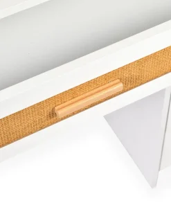 Coiffeuse 4 tiroirs et miroir LED 3 couleurs Miraclas L92cm Bois Blanc et Rotin