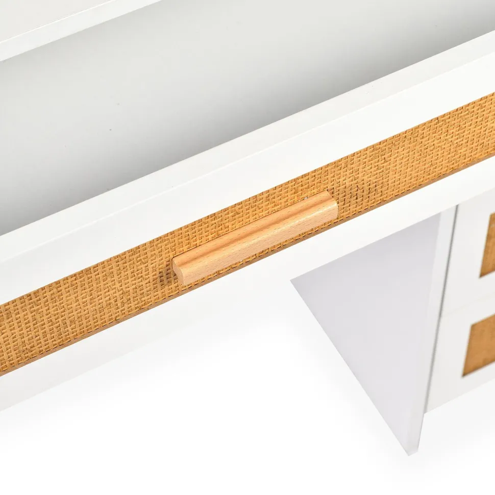 Coiffeuse 4 tiroirs et miroir LED 3 couleurs Miraclas L92cm Bois Blanc et Rotin