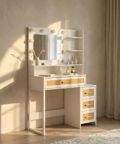 Coiffeuse 4 tiroirs et miroir LED 3 couleurs Miraclas L92cm Bois Blanc et Rotin