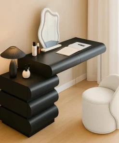 Coiffeuse avec 5 tiroirs arrondis et miroir design L102cm Mezade Noir