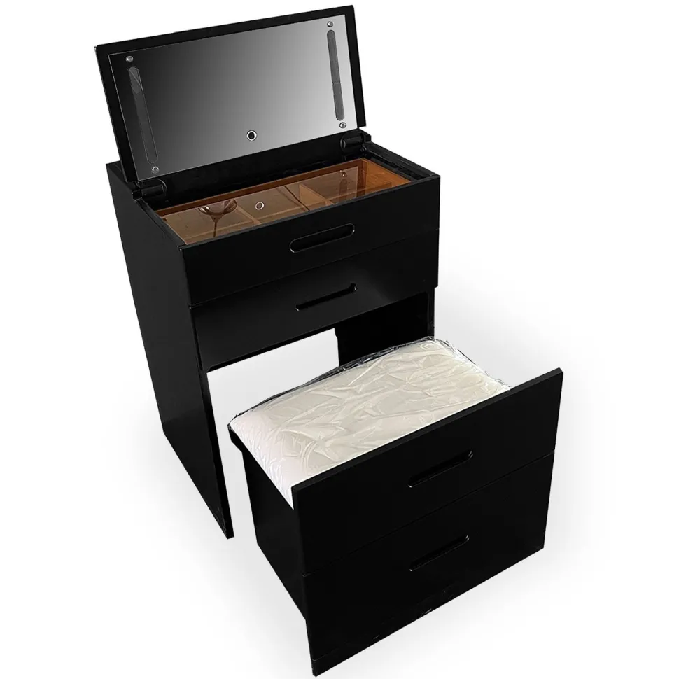 Coiffeuse compacte 48cm avec miroir LED, tiroir et pouf intégré Germina Noir