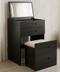 Coiffeuse compacte 48cm avec miroir LED, tiroir et pouf intégré Germina Noir