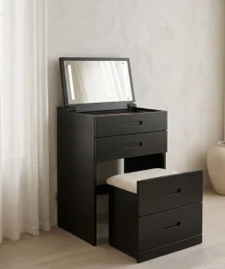 Coiffeuse compacte 48cm avec miroir LED, tiroir et pouf intégré Germina Noir