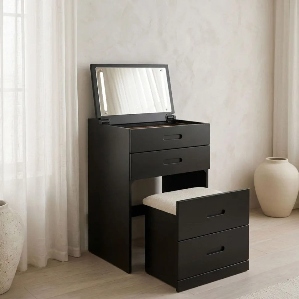 Coiffeuse compacte 48cm avec miroir LED, tiroir et pouf intégré Germina Noir
