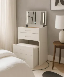 Coiffeuse compacte 48cm avec miroir LED, tiroir et pouf intégré Germina Blanc