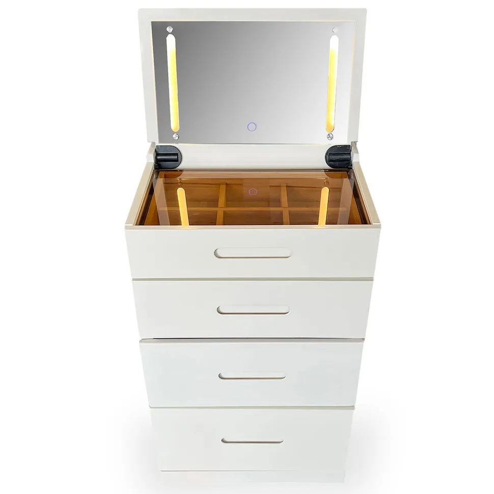 Coiffeuse compacte 48cm avec miroir LED, tiroir et pouf intégré Germina Blanc
