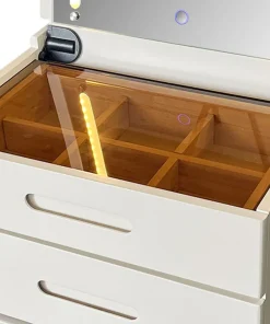 Coiffeuse compacte 48cm avec miroir LED, tiroir et pouf intégré Germina Blanc