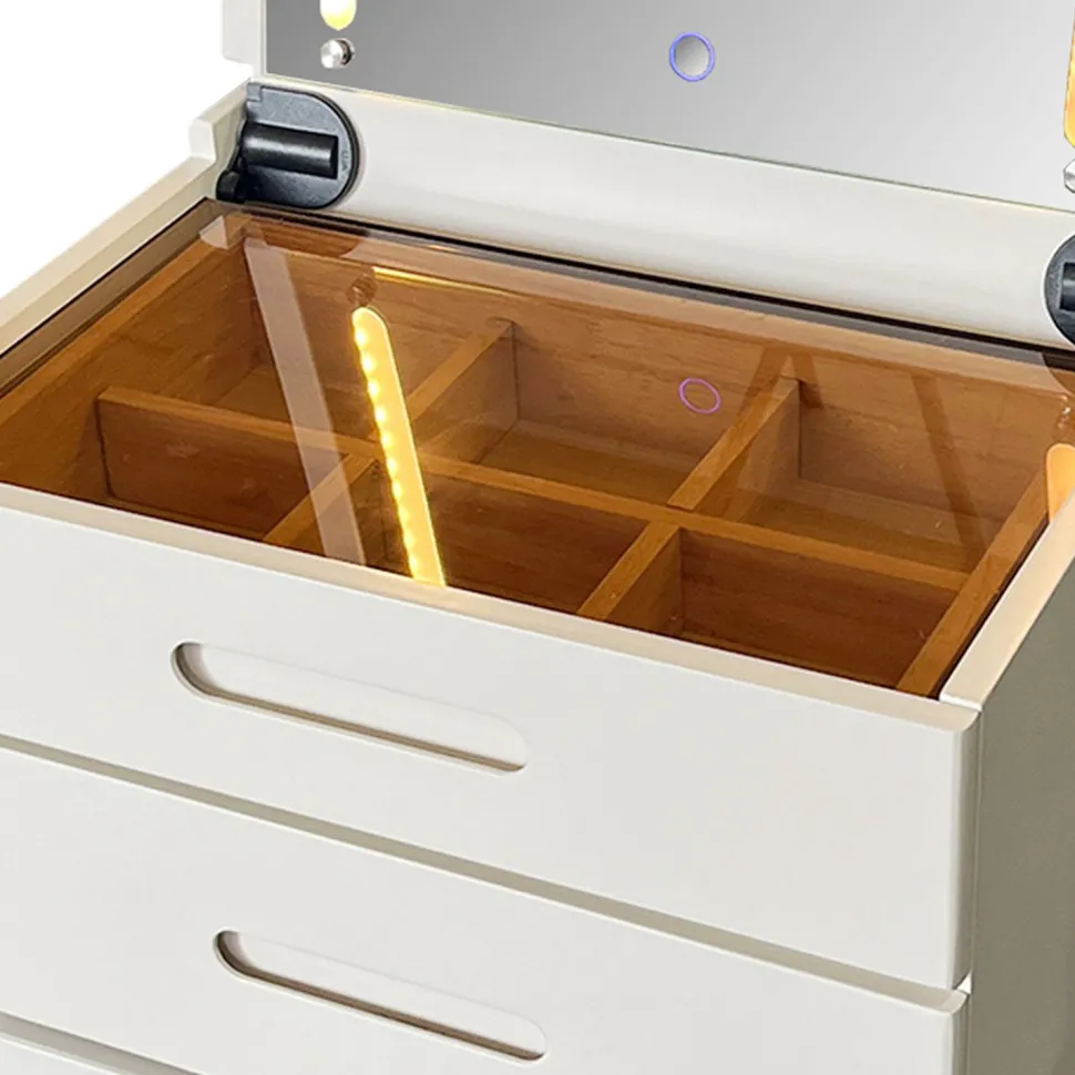 Coiffeuse compacte 48cm avec miroir LED, tiroir et pouf intégré Germina Blanc